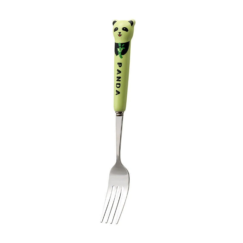 Cartoon stainless steel cutlery set: cute kids' forks with stylish ceramic handles, exquisite dessert spoons, and serving spoons
