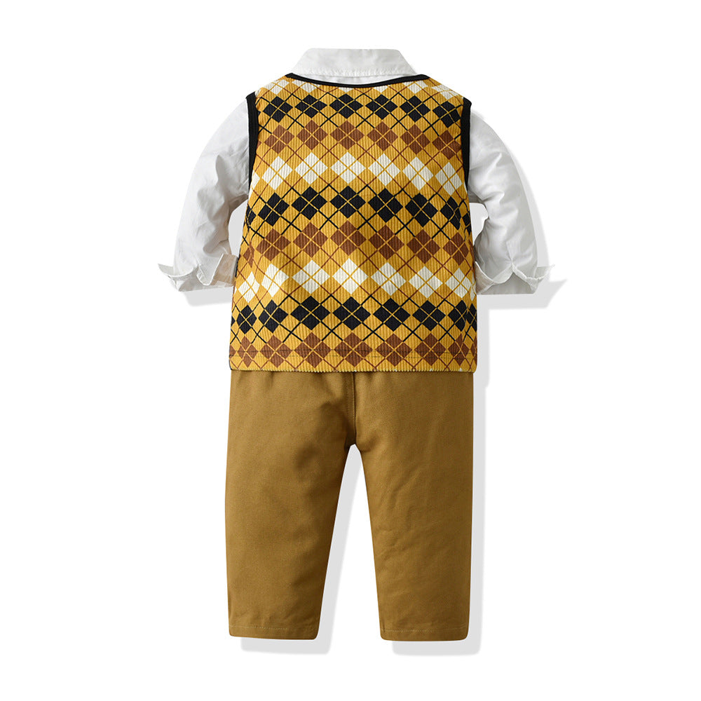 New spring children's outfit: boys' shirt and vest set, spring kids' suit, baby's first birthday dress