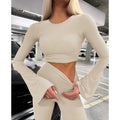 European and american cross-border women's fashion:  autumn new collection - solid color crew neck flared long sleeve top and skinny flare pants two-piece set