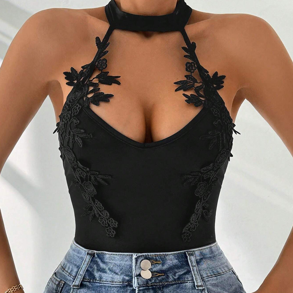 European and american cross-border women's lace halter sleeveless bodysuit high-waisted micro-stretch slim-fit sexy top