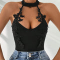 European and american cross-border women's lace halter sleeveless bodysuit high-waisted micro-stretch slim-fit sexy top