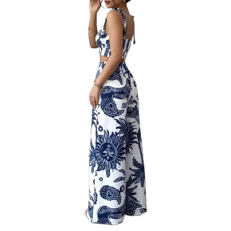 cross-border european & american women's fashion set - summer casual vacation plant print tank top & wide leg pants two-piece outfit