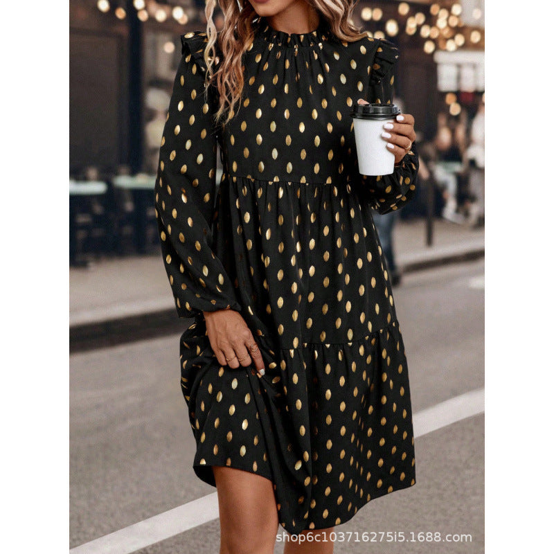 Women's  autumn new arrival v-neck long sleeve printed dot chiffon dress