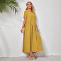 Amazon   new arrivals: european and american style solid color crew neck short sleeve loose pleated dress - ready to ship