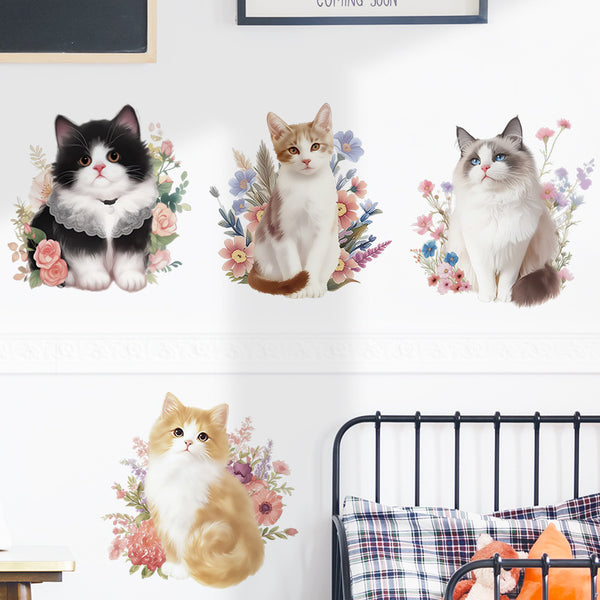 Watercolor flower cat wall sticker glass decoration removable cute animal toilet cover wall sticker 66030