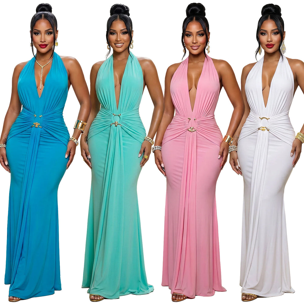C7789 cross-border  new women's halter neck deep v ruched mermaid evening dress slim fit banquet party gown
