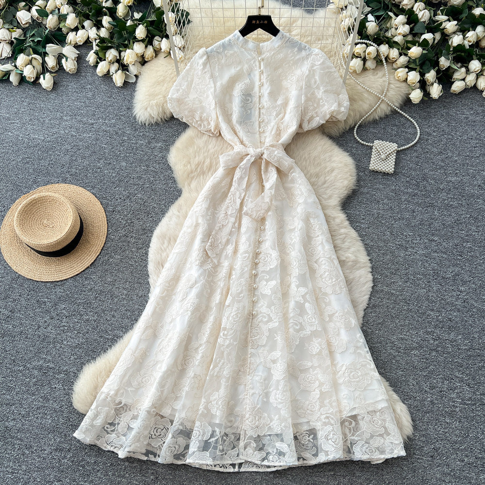 Elegant lace embroidered maxi dress for women - high waist a-line, perfect for summer, work, and evening events