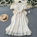 Elegant lace embroidered maxi dress for women - high waist a-line, perfect for summer, work, and evening events