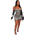 C6888 cross-border   fashion women's hotfix rhinestone sexy camisole gloves maxi dress