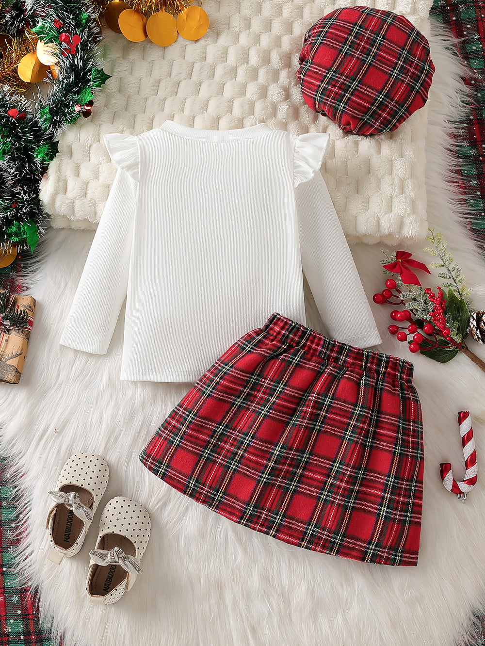 autumn cross-border baby & toddler flutter sleeve bow top + plaid heart patchwork skirt with hat three-piece set