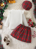 autumn cross-border baby & toddler flutter sleeve bow top + plaid heart patchwork skirt with hat three-piece set