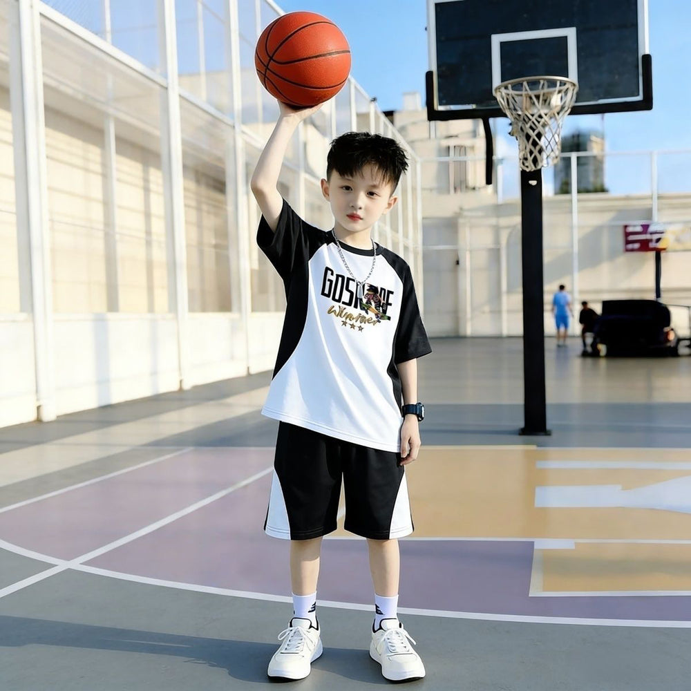 Kids'  short-sleeve & shorts set - trendy boys' basketball outfit - mid-to-large size - new summer sports two-piece set for boys
