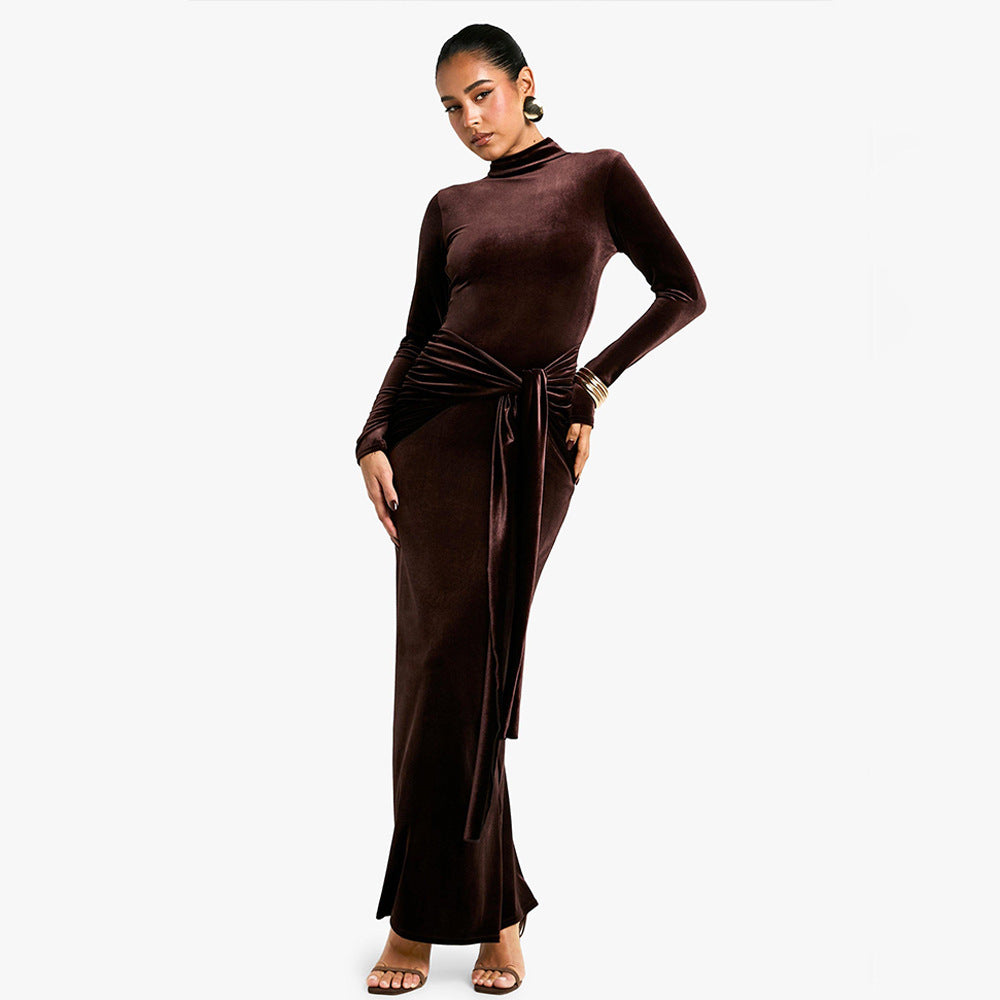 European and American  autumn and winter sexy women's dress, semi-turtleneck long-sleeved solid color long dress with straps and pleated dress