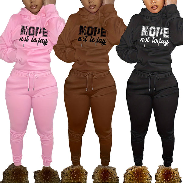 S390709 Solid Color Fleece Pullover Hoodie Trousers Suit Women