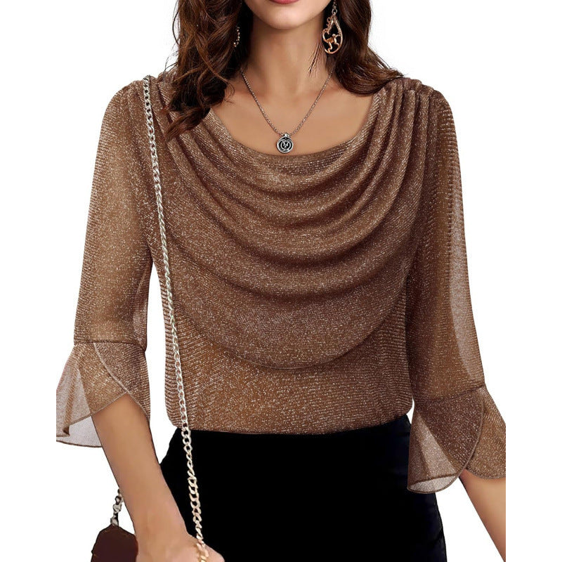 Amazon fashion retrocasual three-quarter sleeve shirt for women summernew arrival swing collar shinytops