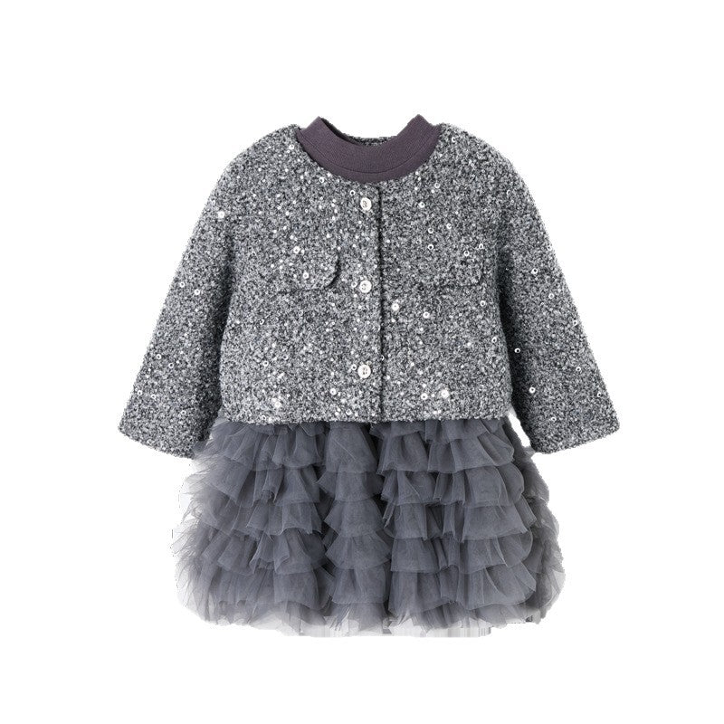 Girls' outfit set -  winter collection: stylish sequin two-piece set with quilted jacket and fleece-lined dress
