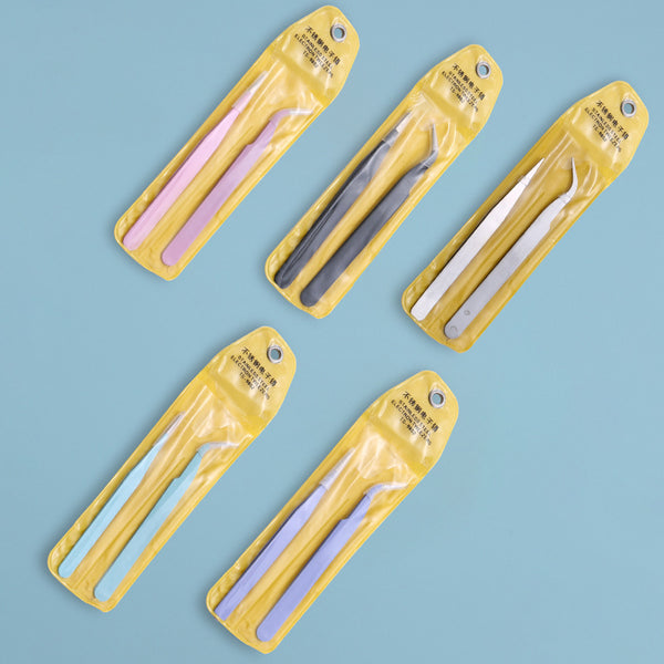 Two-piece set of stainless steel electronic tweezers, straight head, elbow, pointed head, bird's nest tweezers, PVC yellow bag.