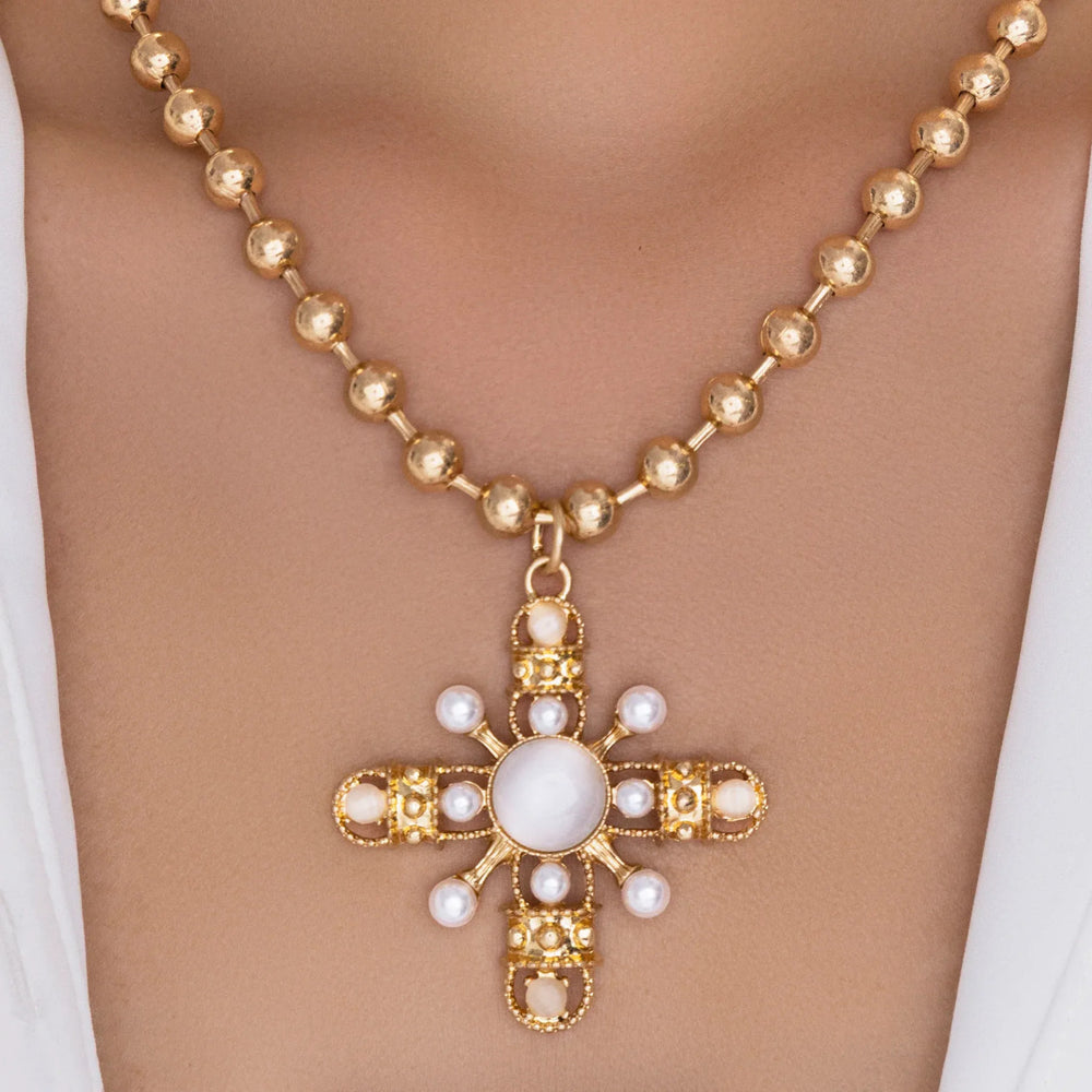 Imitation pearl cross necklace wholesale european and american cross-border pendant niche eight-pointed star retro beaded chain clavicle chain
