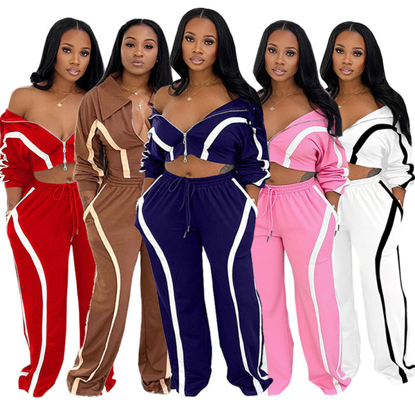 TD2815  popular women's clothing autumn and winter contrasting color long-sleeved cardigan sports style two-piece fashion casual suit