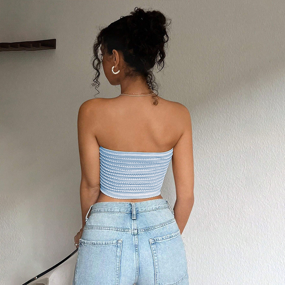 European and american cross-border  sexy blue and white striped bandeau sleeveless off-shoulder bodycon cropped vacation tank top for women