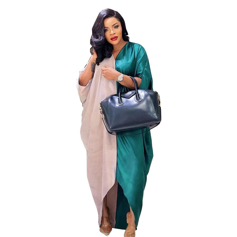 Glossy silky satinloosev neck bat sleeve mid-sleeve plaidfashion long skirt dress cross-border supply