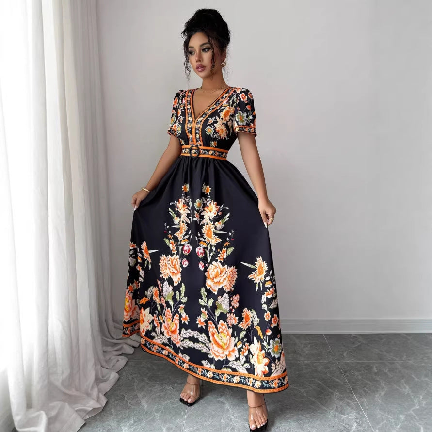 spring new arrival: v-neck ethnic print satin wrap maxi dress