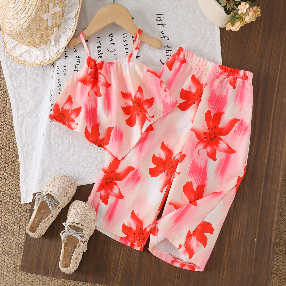 Children's clothing shein cross-border girl suit flower pattern suspender tops + pants