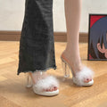Fairy style furry slippers for women summer outwear 2025 new arrival popular thick heel flip-flops crystal high heel sandals