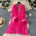 autumn european and american style round neck rhinestone embellished cutout feather trim long sleeve pleated mini dress - relaxed fit