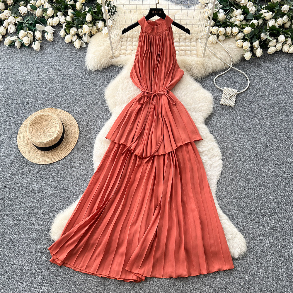 Pure desire style red halter strap pleated dress women's summer k-style waist slimming look cake skirt vacation style long skirt