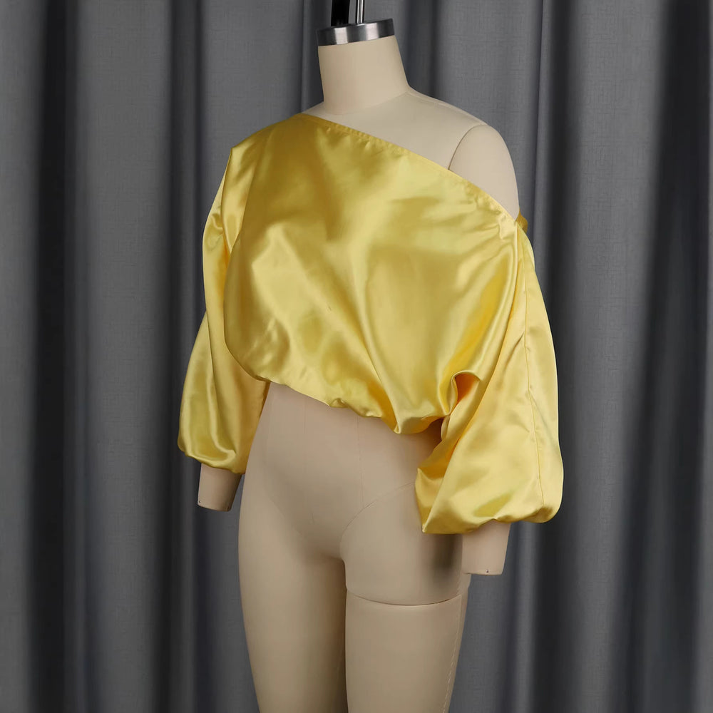 Amazon new satin one-shoulder top - loose fit, bubble sleeve, designer-style, elegant short blouse for banquets & events