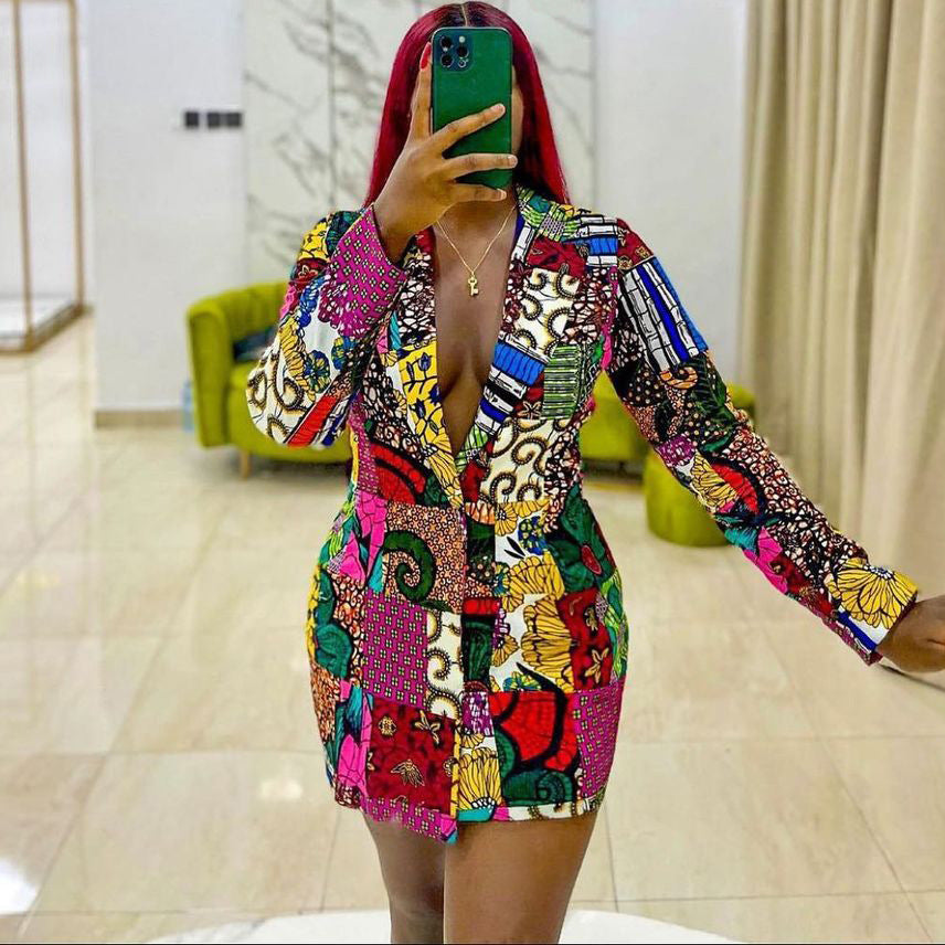 D170  temperament commuter ethnic style suit collar printing long sleeves foreign trade large size european and american cross-border dress