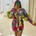 D170  temperament commuter ethnic style suit collar printing long sleeves foreign trade large size european and american cross-border dress