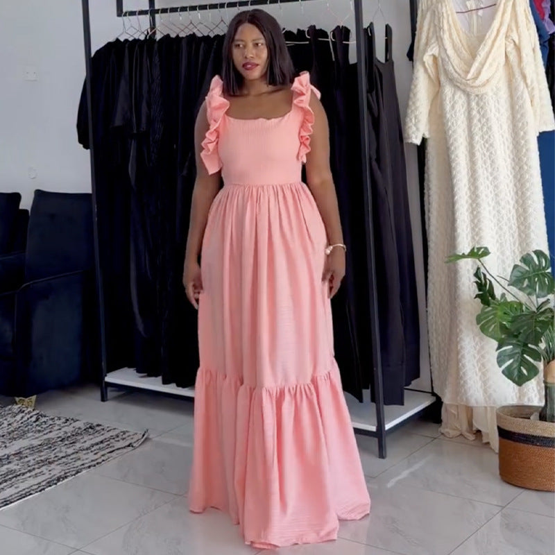European and american cross-border women's fashion:  spring new arrival - elegant sweet square neck ruffle backless high-waisted maxi dress