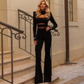 autumn european and american style new solid color high neck long sleeve top slim fit hollow out slightly flared jumpsuit set for women