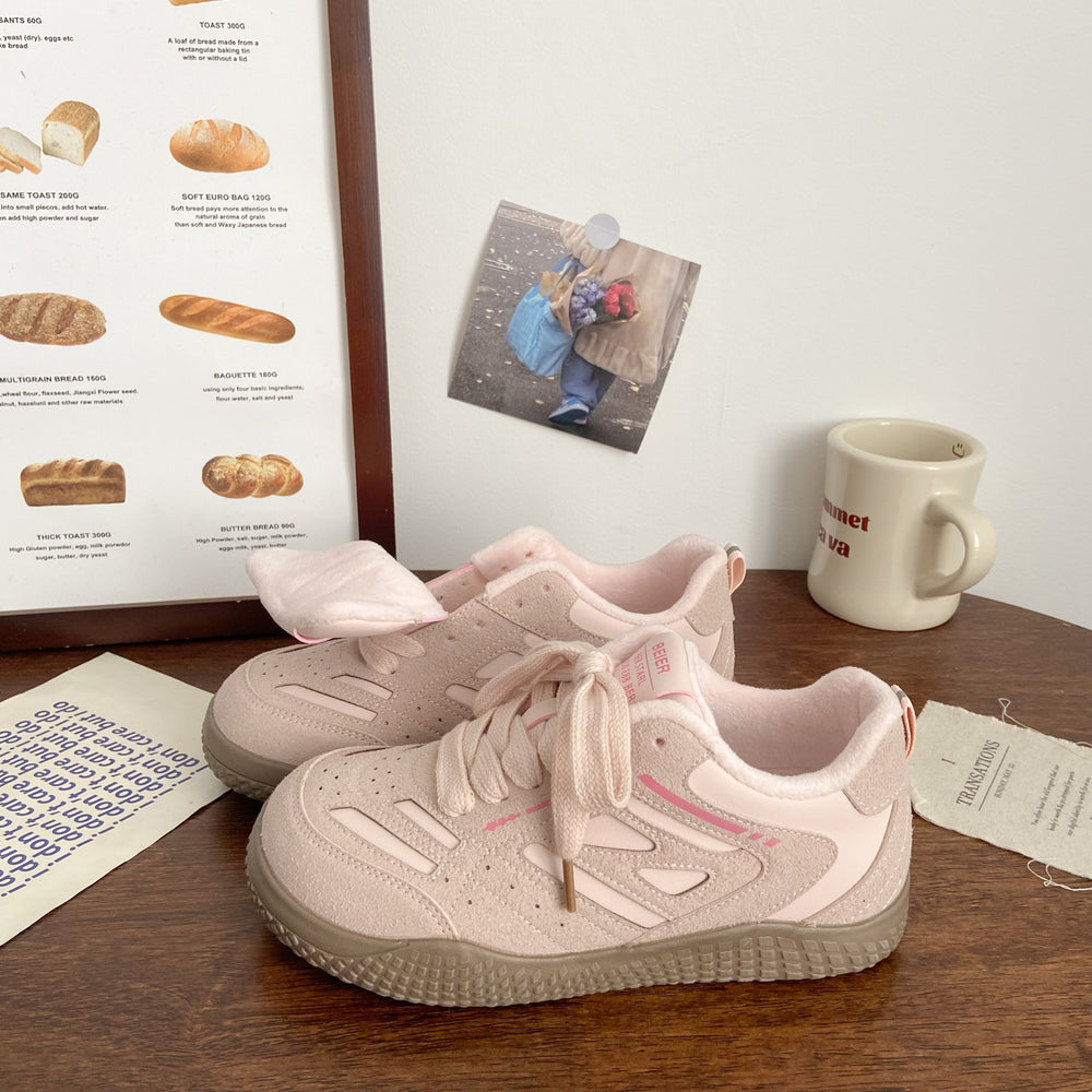 Pink fleece-lined sneakers for women, german training, winternew arrivalchicniche style ugly cute cotton shoes, student sports, two cotton white shoes