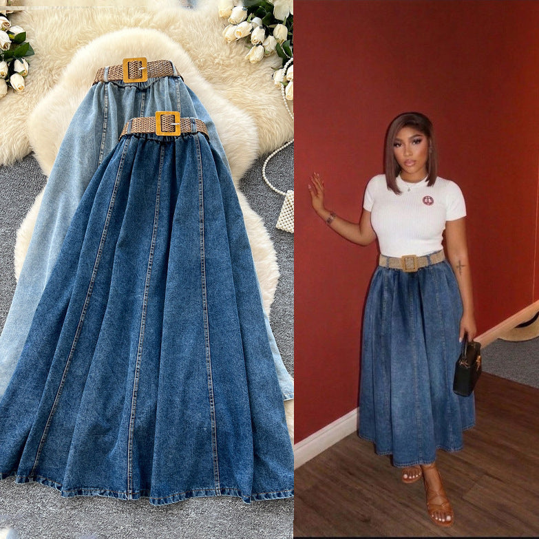 Retro style denim a-line woven belt skirt for women summerhigh waistslimming look medium longeasiest for match large skirt