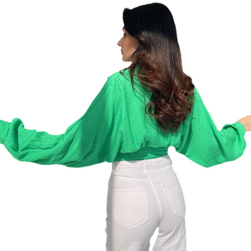 Spot 2023 European and American  shirt women's lace-up long-sleeved cardigan spring and summer open-button loose shirt bat sleeve