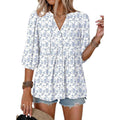 summer bohemian floral short sleeve button-down v-neck ruffle trim babydoll casual loose shirt