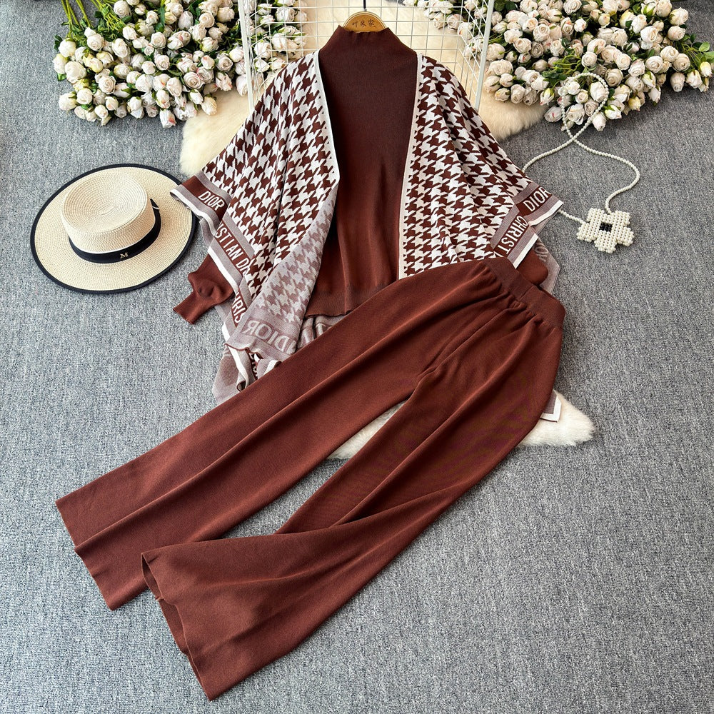 Korean chic fashion set: women's long-sleeve knit top & jacket + high-waisted slimming wide-leg straight pants - 3-piece outfit