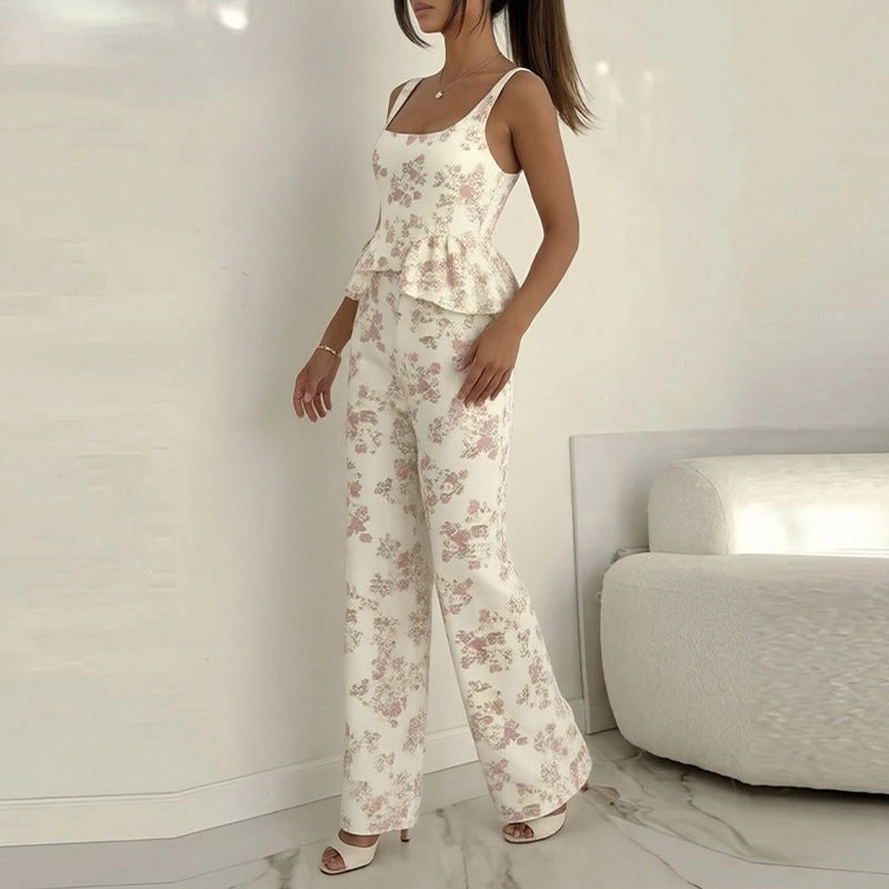 women's summer new arrivals:  cross-border fashion printed ruffle trim cami casual set (us/eu style)