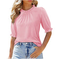 new women's solid color button-down crew neck ruched mid-sleeve top for cross-border