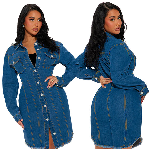 F218623 European and American fashion denim lapel button long-sleeved jacket medium and long dress factory direct sales