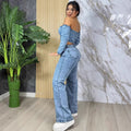 European and american style women's denim tops -  cross-border fashion: sexy, spicy, off-the-shoulder, short, long-sleeve tops
