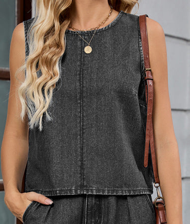 European and american cross-border e-commerce women's autumn new arrivals:  independent store washed solid color denim top and pants set