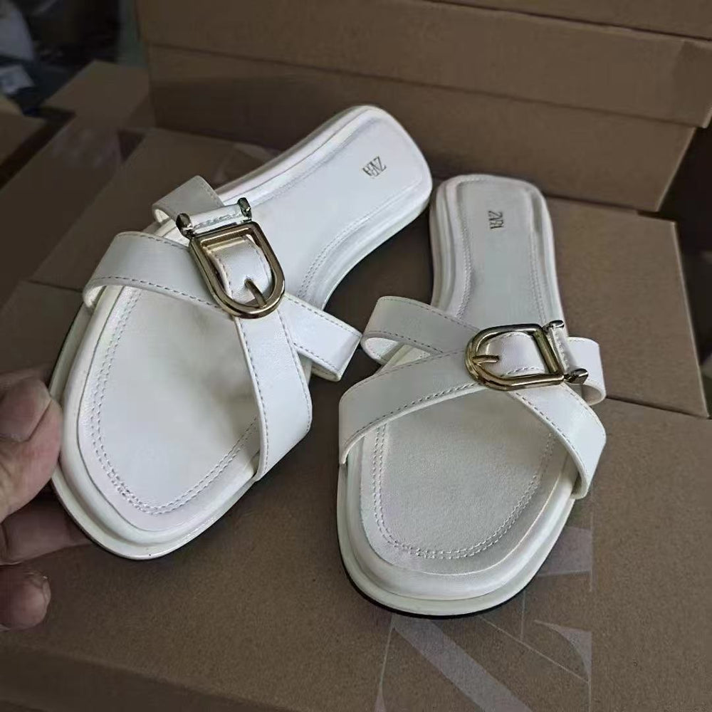 Za women's flat sandals - 2024 spring/summer new arrivals: stylish, versatile color block crossover strap french-style low-cut mules