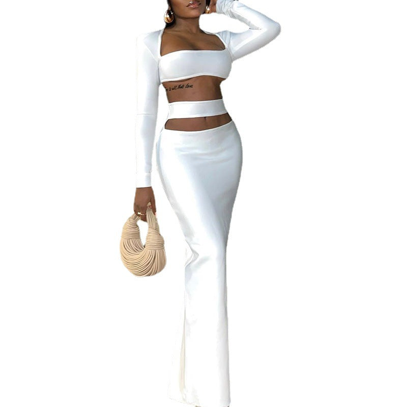 European station export cross-border women's new arrival supply pure color fashioneleganttopslong sleeves skirt suit two-piece set
