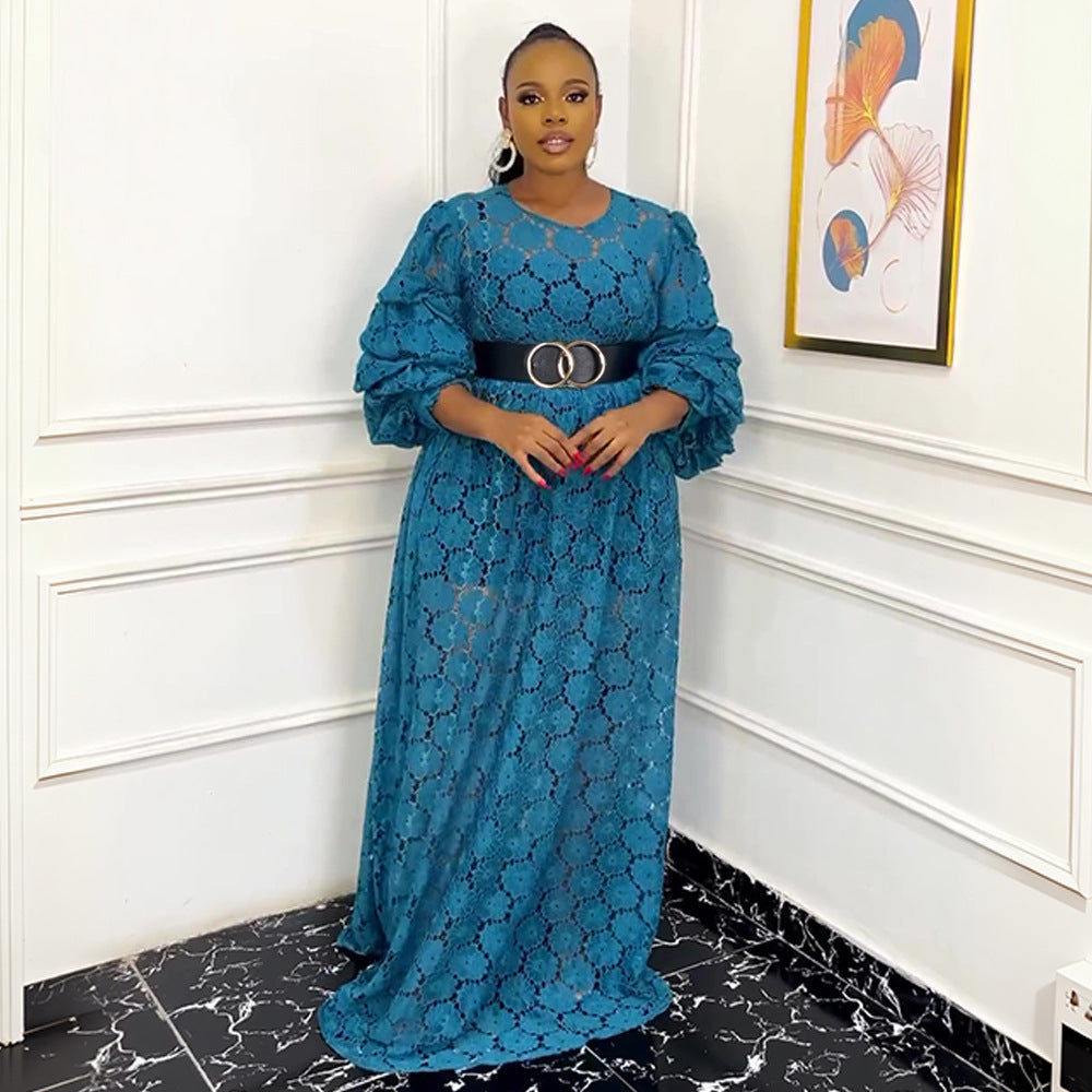 European and american  african robe plus size women's clothing african  cross-border foreign trade round neck lace dress