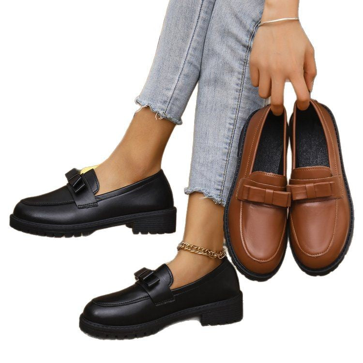 Women's british style leather loafers for cross-border e-commerce: new  autumn/winter collection - chunky sole, slip-on, plus size, with bow detail