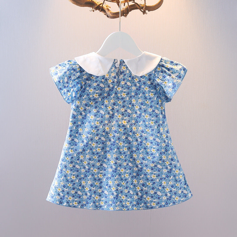 Girls' floral dress - new korean style for summer , featuring a peter pan collar, ruffle trim, and embroidery. wholesale children's dresses for export